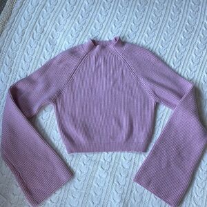 Pink Ribbed Women's Sweater with Oversized Bell Sleeves